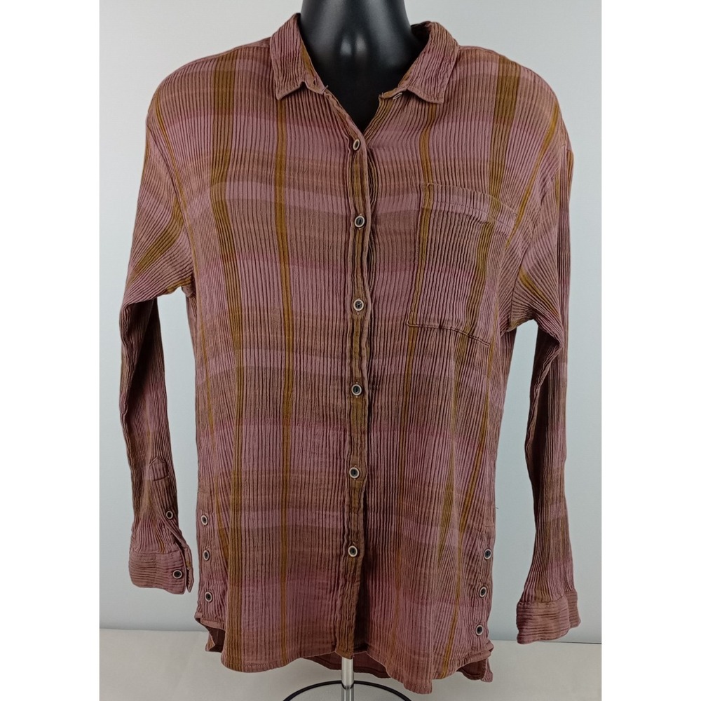 Prana Womens XL Mauve Plaid Stretch Crinkle Button Up Collar Long Sleeve Shirt